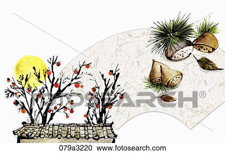 The image of persimmon tree with full moon and chestnuts in the fall View Large Illustration Clipart - The image of persimmon tree with full moon and chestnuts in the fall. Fotosearch