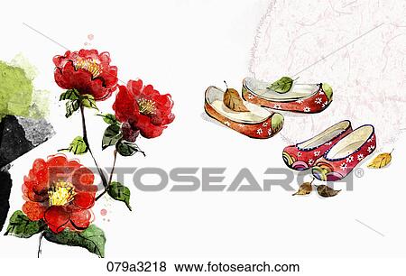 Stock Illustration - The image of red flowers and traditional shoes. Fotosearch
