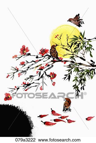 The image of red pepper, flowering tree, birds, and full moon in the fall View Large Illustration Drawing - The image of red pepper, flowering tree, birds, and full moon in the fall. Fotosearch