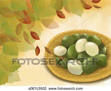 The image of rice cake and colored leaves View Large Illustration Drawing - The image of rice cake and colored leaves. Fotosearch