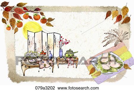 Drawing - The image of rice cake and table setting for Chuseok. Fotosearch