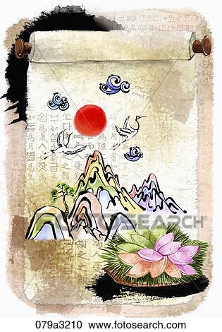 Clipart - The image of rice cake, cranes, mountain and full moon in the fall. Fotosearch