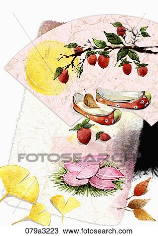 Drawing - The image of rice cake, traditional shoes, pesimmons, and full moon in the fall. Fotosearch
