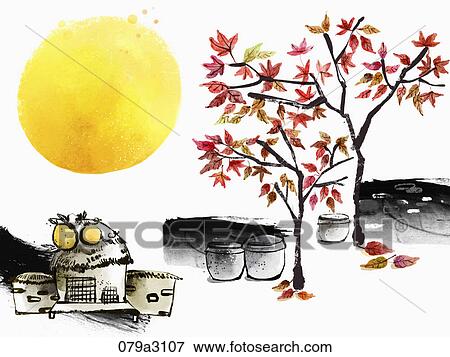 Stock Illustration - The image of straw house, colored tree, and full moon in the fall . Fotosearch