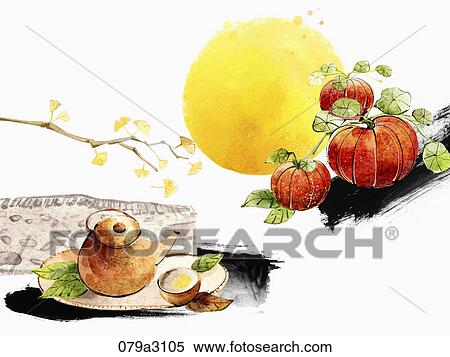 Stock Illustration - The image of tea, pumpkins, and full moon in the fall . Fotosearch