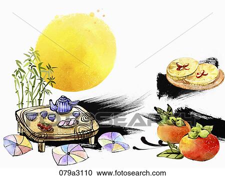 Clipart - The image of tea table, full moon, food, persimmon in the fall. Fotosearch