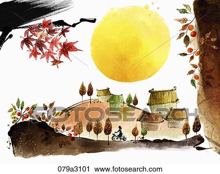 The image of town and full moon in the fall View Large Illustration Clip Art - The image of town and full moon in the fall . Fotosearch