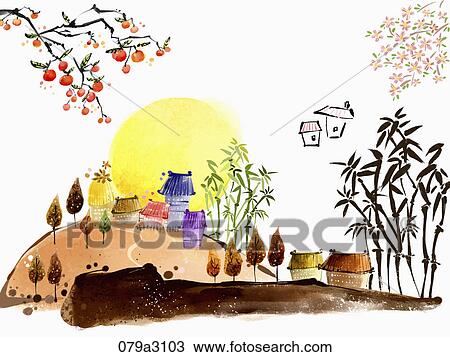 The image of town and full moon in the fall View Large Illustration Drawing - The image of town and full moon in the fall . Fotosearch