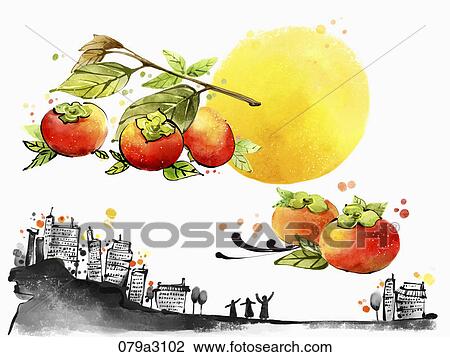 Drawing - The image of town, persimmon and full moon in the fall . Fotosearch
