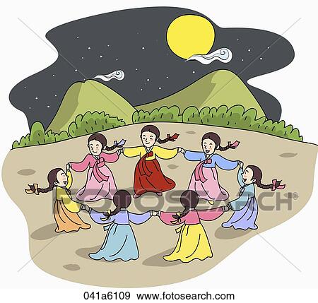 Stock Illustration - The image of traditional Korean circle dance under the moon. Fotosearch