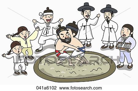 Drawing - The image of traditional Korean wrestling. Fotosearch