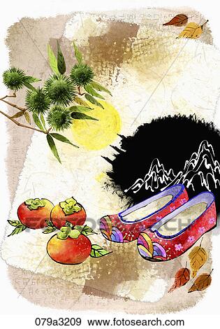 Stock Illustration - The image of traditional shoes, persimmons, chestnut tree in the fall . Fotosearch