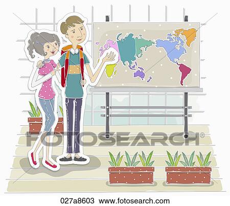 Drawing - The image of traveling people with the world map . Fotosearch