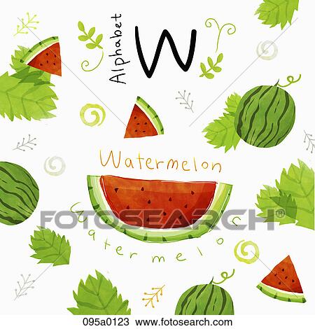 Drawing - The image of watermelon with alphbet letter w. Fotosearch