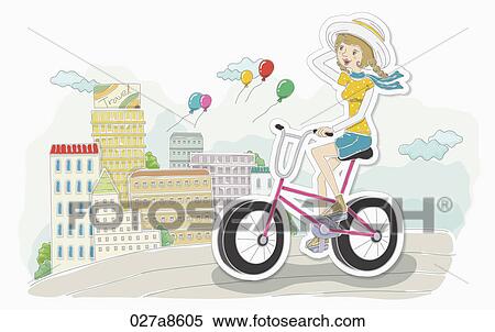 The image of woman riding bicycle View Large Illustration Stock Illustration - The image of woman riding bicycle . Fotosearch