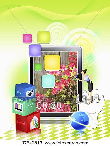The image of woman with cellphone equipped with various functions View Large Illustration Drawing - The image of woman with cellphone equipped with various functions. Fotosearch