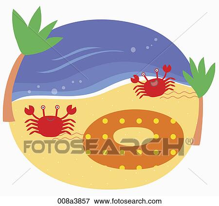 Stock Illustration - tube and crabs on the beach. Fotosearch