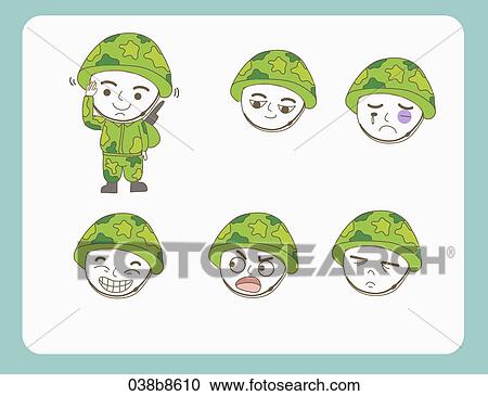 Various images for facial expression of soldier View Large Illustration Clipart - Various images for facial expression of soldier. Fotosearch