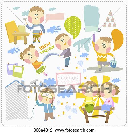 Various images of kid doing different activity View Large Illustration Drawing - Various images of kid doing different activity . Fotosearch