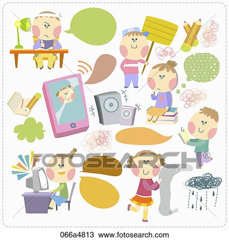 Drawing - Various images of kid doing different activity . Fotosearch