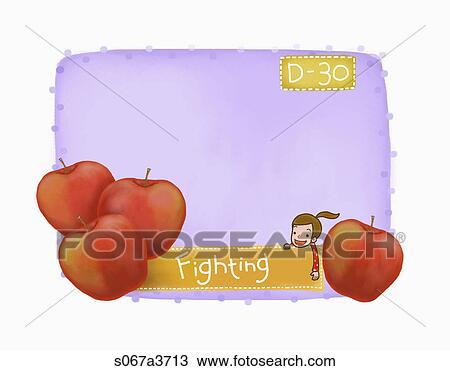Drawing - Various letter papers of a girl and apples. Fotosearch