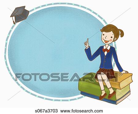 Various letter papers of a girl in uniform on books View Large Illustration Drawing - Various letter papers of a girl in uniform on books. Fotosearch