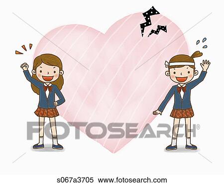 Stock Illustration - Various letter papers of a heart and girls in uniform . Fotosearch