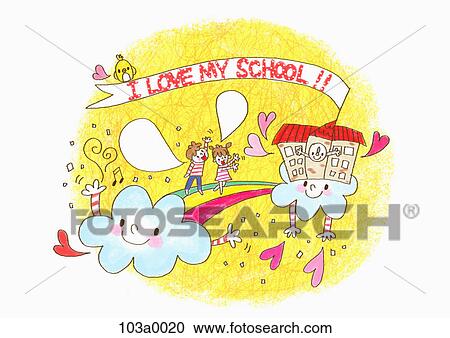 Various school related drawings of a school View Large Illustration Clipart - Various school related drawings of a school. Fotosearch