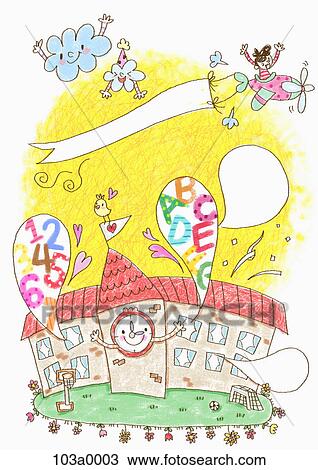 Drawing - Various school related drawings of a school. Fotosearch