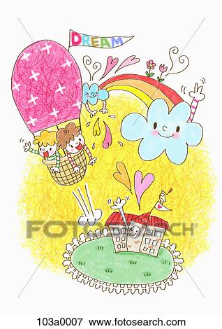 Stock Illustration - Various school related drawings of a school and hot air balloon. Fotosearch