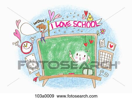 Various school related drawings of a blackboard View Large Illustration Stock Illustration - Various school related drawings of a blackboard. Fotosearch