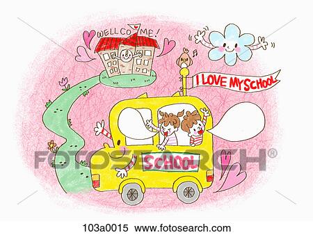 Stock Illustration - Various school related drawings of a school bus to school. Fotosearch
