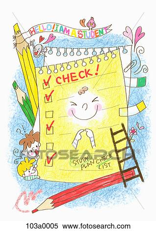 Various school related drawings of study plan check list View Large Illustration Stock Illustration - Various school related drawings of study plan check list. Fotosearch