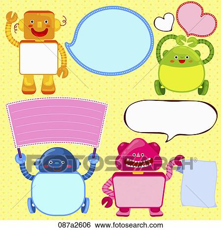 Stock Illustration - Various types of memo with robots. Fotosearch