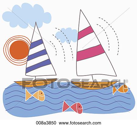 yacht and fishes of the sea View Large Illustration Clipart - yacht and fishes of the sea. Fotosearch