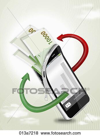 Stock Illustration - Zipper-bag like smart phone with money inside and red and green arrows. Fotosearch
