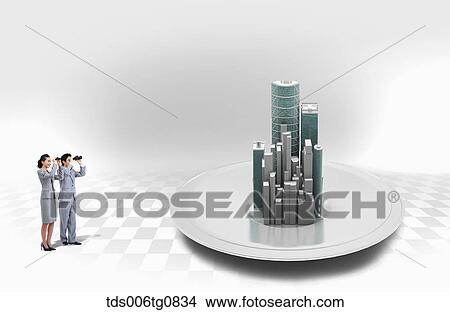 Picture - A man and woman looking at buildings with telescope. Fotosearch