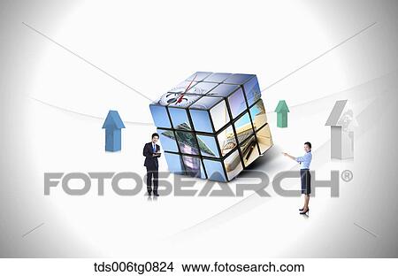 Picture - A man and woman with arrows and block. Fotosearch