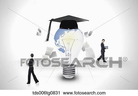 Stock Image - A man and woman with bulb and gradutioanl cap on it . Fotosearch