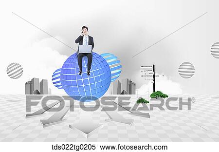 Stock Photography - A man having the laptop on the globe. Fotosearch