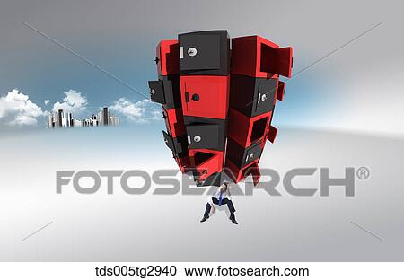 Stock Image - A man sitting in front of piled red and black safes . Fotosearch
