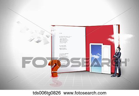 Stock Photograph - A man standing by the book and question mark. Fotosearch