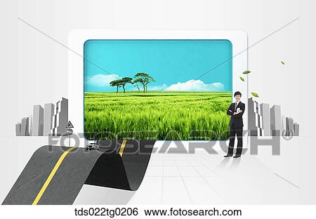 Stock Photograph - A man with the road heading for green frame. Fotosearch