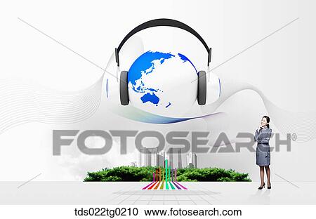 Stock Image - A woman and globe with the headphone on. Fotosearch