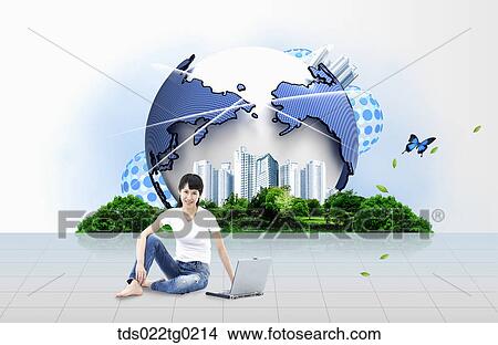 A woman with the globe behind View Large Photo Image Picture - A woman with the globe behind. Fotosearch