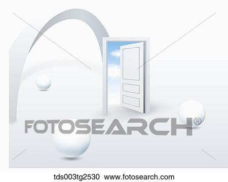 Stock Image - Abstractive Image Of Dome, Balls And An Open Door. Fotosearch