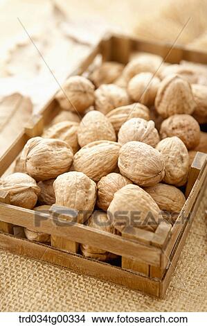 Picture - Basket Of Walnuts And Fallen Leaves. Fotosearch