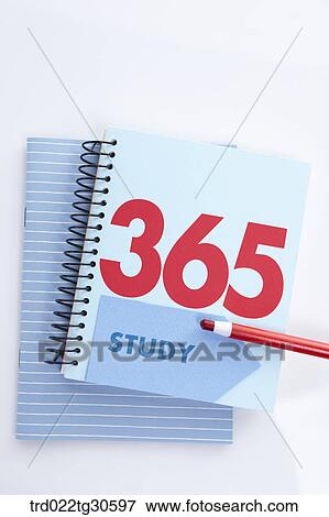 Stock Photo - Blue 365 Study Note Book With Red Color Pencil. Fotosearch