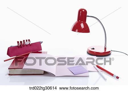Books, Lamp And Stationaries In Red View Large Photo Image Picture - Books, Lamp And Stationaries In Red. Fotosearch