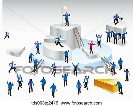 Stock Photograph - Businessmen And Woman With Sectors Of Pie Graph And Ladders . Fotosearch